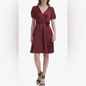 Donna Karen women's burgundy faux wrap short puff sleeve fit and flare dress 10